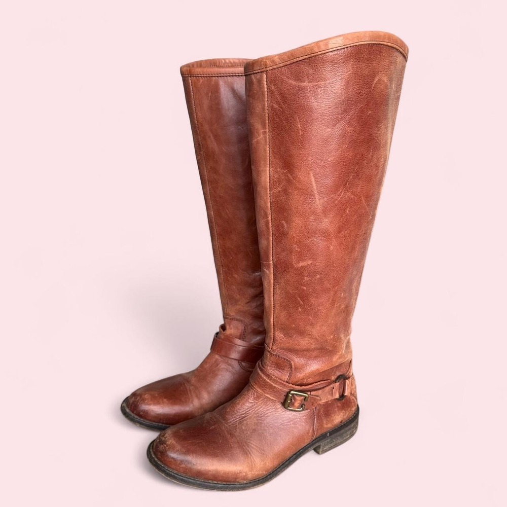 Brown genuine leather knee high riding boots